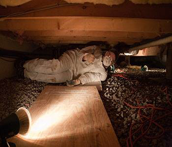A technician in protective gear inspecting a dark crawl space for Eliminex Pest Control Wildlife & Attic Cleanup in East Brunswick, NJ.