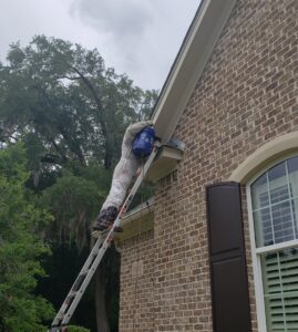 A technician in a full protective suit on a ladder performing pest control work near a roofline for Varmint Eviction Wildlife Removal Services in Tallahassee, FL.
