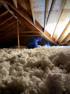 A pest control technician inspecting an attic filled with insulation for signs of pests at Devlins Pest Control in Reading, PA.
