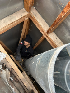 A SafeAir Duct & Chimney technician inspecting the inside of a chimney flue during a service in Dallas, TX.