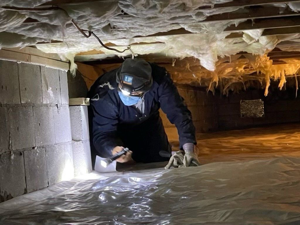 A Canady & Son Exterminating technician inspecting a crawl space for pests and wildlife, wearing protective gear in Wilmington, NC.