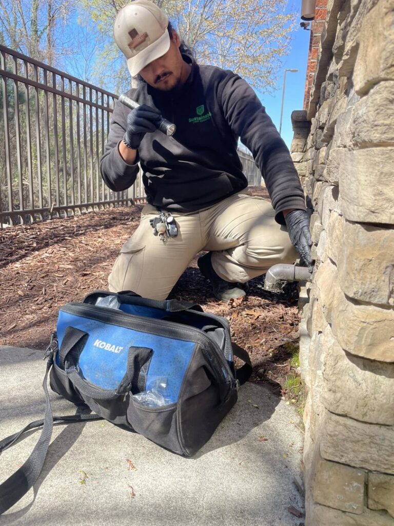 A Sustainable Pest Systems technician inspecting a building foundation for pests in Raleigh, NC.