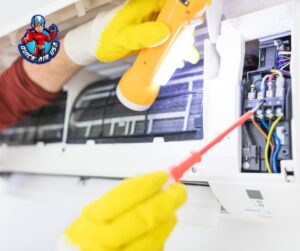 A technician in yellow gloves inspecting an indoor AC unit with a flashlight for QUICK AIR USA in Orlando, FL.