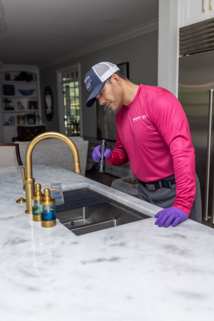 A Pest Authority Des Moines technician inspecting under a kitchen sink with a flashlight in Des Moines, IA.