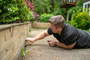 A Pest Lock, Inc. technician inspecting an outdoor wall for pest activity or entry points in Vancouver, WA.