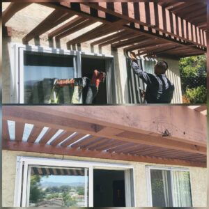 A technician inspecting a wooden pergola structure above a window for termite activity for United Termite Control in San Marcos, CA.