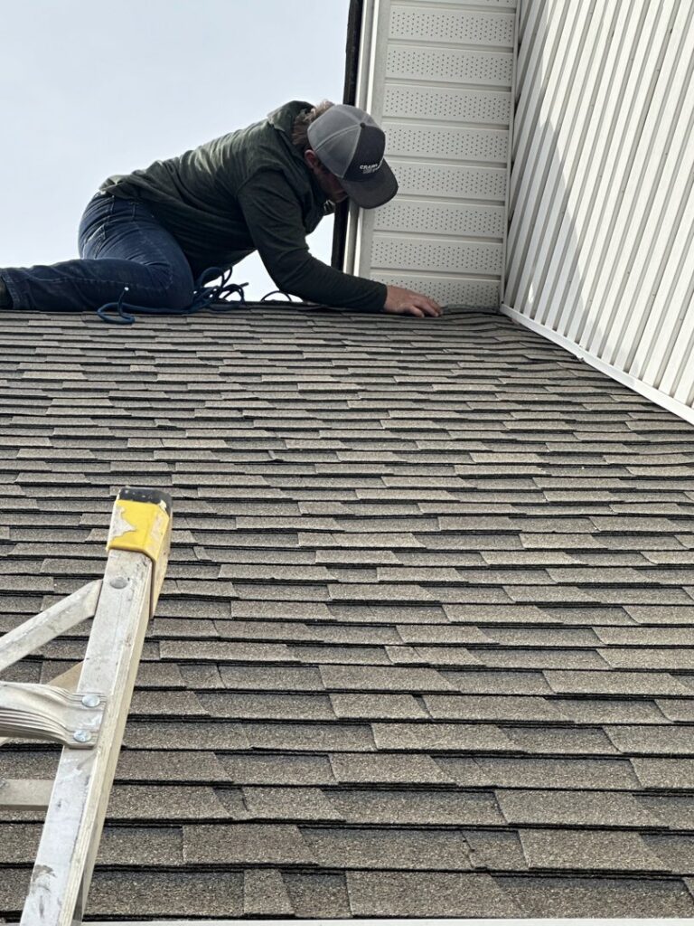 A pest control technician inspecting roof eaves for potential pest or wildlife entry points for The Pest Detective in Cleveland, OH.