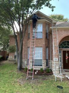 A D' Bug Man Pest Control technician on a ladder inspecting a roofline for wildlife entry points in Arlington, TX.