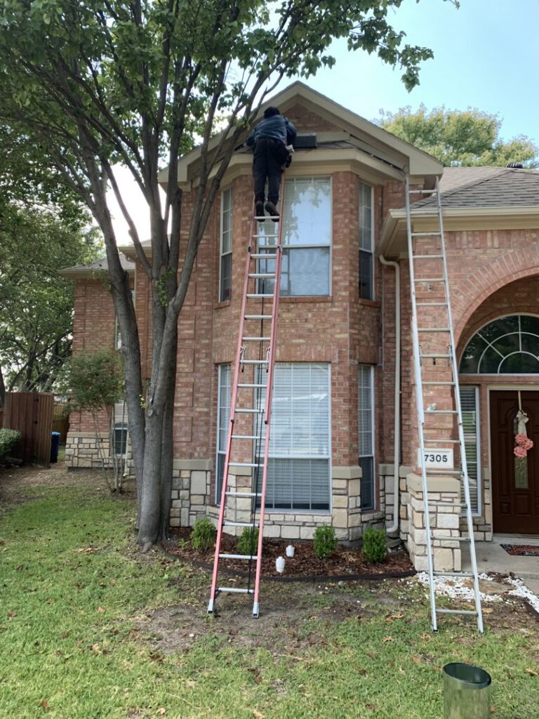 A D' Bug Man Pest Control technician on a ladder inspecting a roofline for wildlife entry points in Arlington, TX.