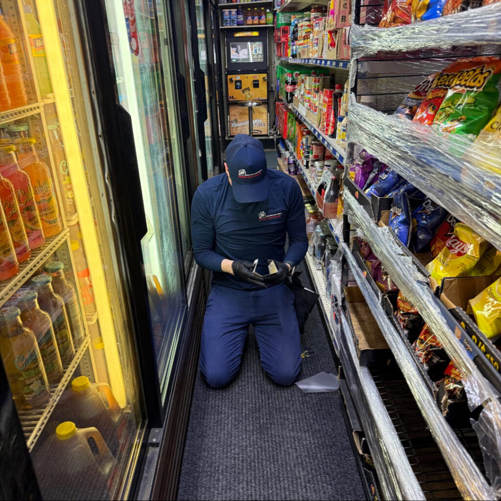 A pest control technician inspecting an aisle in a convenience store for pests at Devlins Pest Control in Reading, PA.