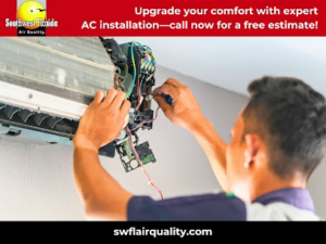 A technician installing an indoor AC unit for Southwest Florida Air Quality in Cape Coral, FL