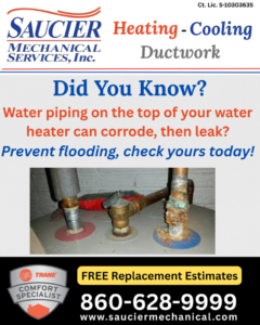 A Saucier Mechanical Services technician installing a ceiling vent as part of an HVAC job in Plantsville, CT.