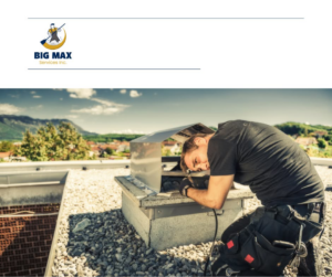 A technician installing a new chimney cap on a roof for Big Max Services Inc in Los Angeles, CA.
