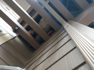 A Solid Pest Solutions technician installing exclusion mesh under a deck to prevent wildlife entry in Bend, OR.