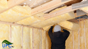 A technician installing insulation in a ceiling, a service offered by Ultimate Pest Control, LLC in Eugene, OR, often related to pest damage repair.