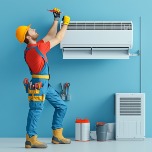 An Ozon Inc technician installing a mini-split air conditioning unit on a wall in Philadelphia, PA.