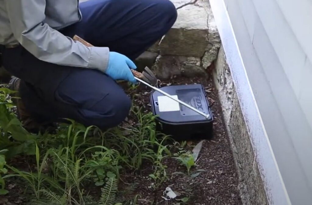 A pest control technician installing an outdoor bait station near a home's foundation for Rodent Control Cleveland in Cleveland, OH.