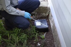 A pest control technician installing an outdoor bait station near a home's foundation for Rodent Control Cleveland in Cleveland, OH.