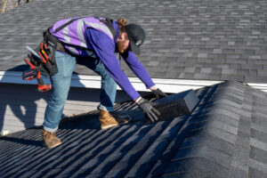 A technician installing a roof vent cover for wildlife exclusion at Abra Kadabra Pest and Wildlife in Forest Lake, MN.