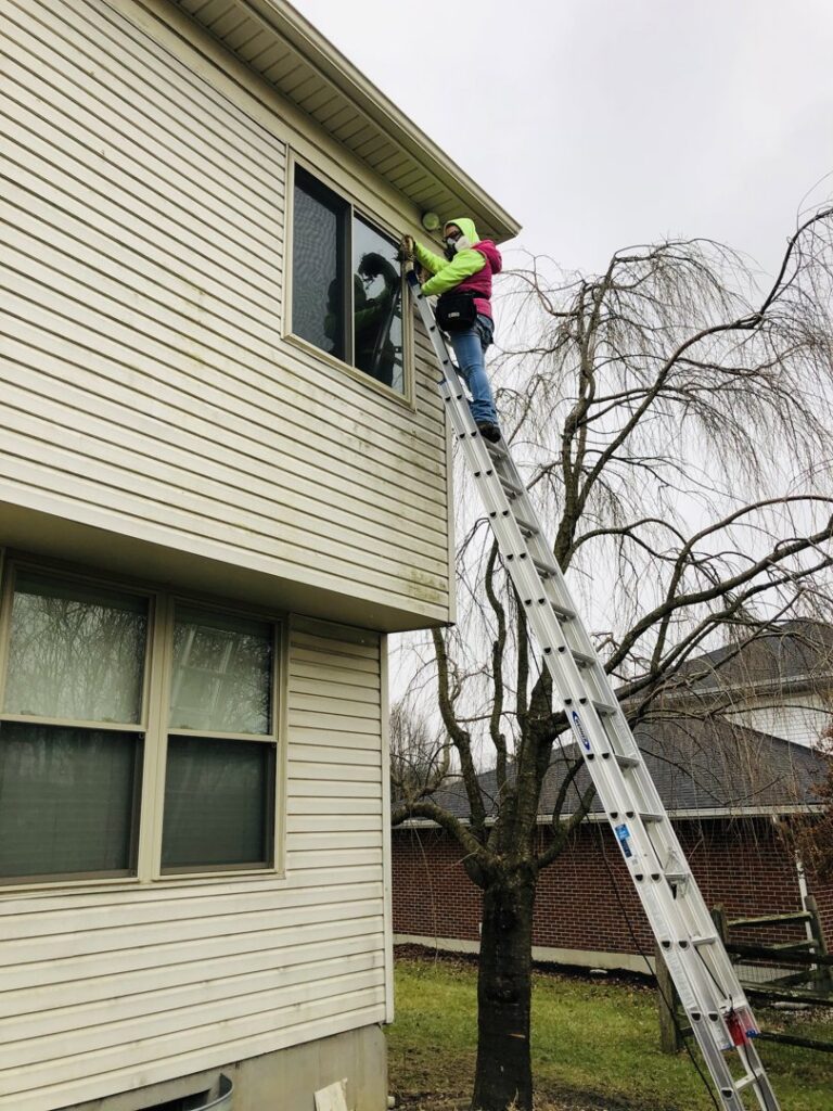 A technician on a ladder performing wildlife exclusion or inspection work on the side of a house for ARC Animal Removal & Control in Cincinnati, OH.