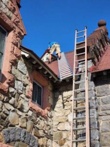 A New England Wildlife Control technician on a ladder on a roof, performing wildlife exclusion work in Salem, NH.