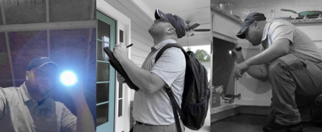 A collage showing an Iron City Pest technician in Birmingham, AL, performing pest inspections in an attic, outside a home, and under a kitchen sink.