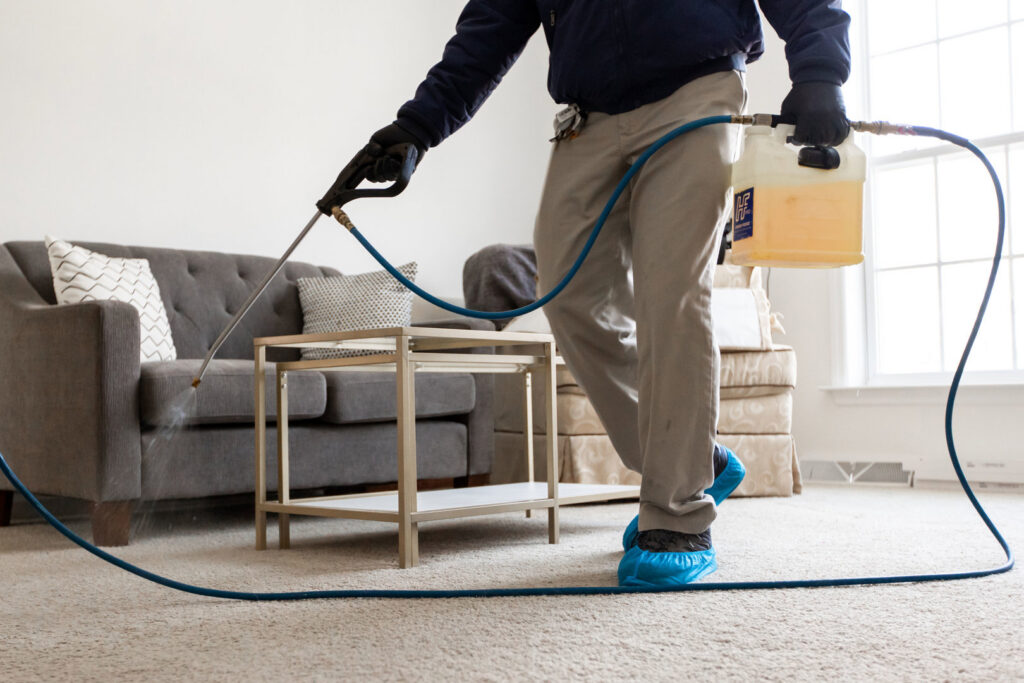 A Hydro Clean technician applying a pre-treatment solution to a carpet before cleaning in Baltimore, MD.