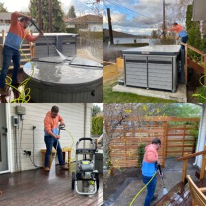 Central Washington Pool And Spa technician pressure washing a hot tub and deck in Yakima, WA, providing thorough cleaning service.