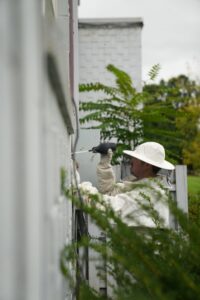 A pest control technician in a bee suit removing a bee or wasp nest from the side of a building for Complete Pest Solutions of Canton in North Canton, OH.