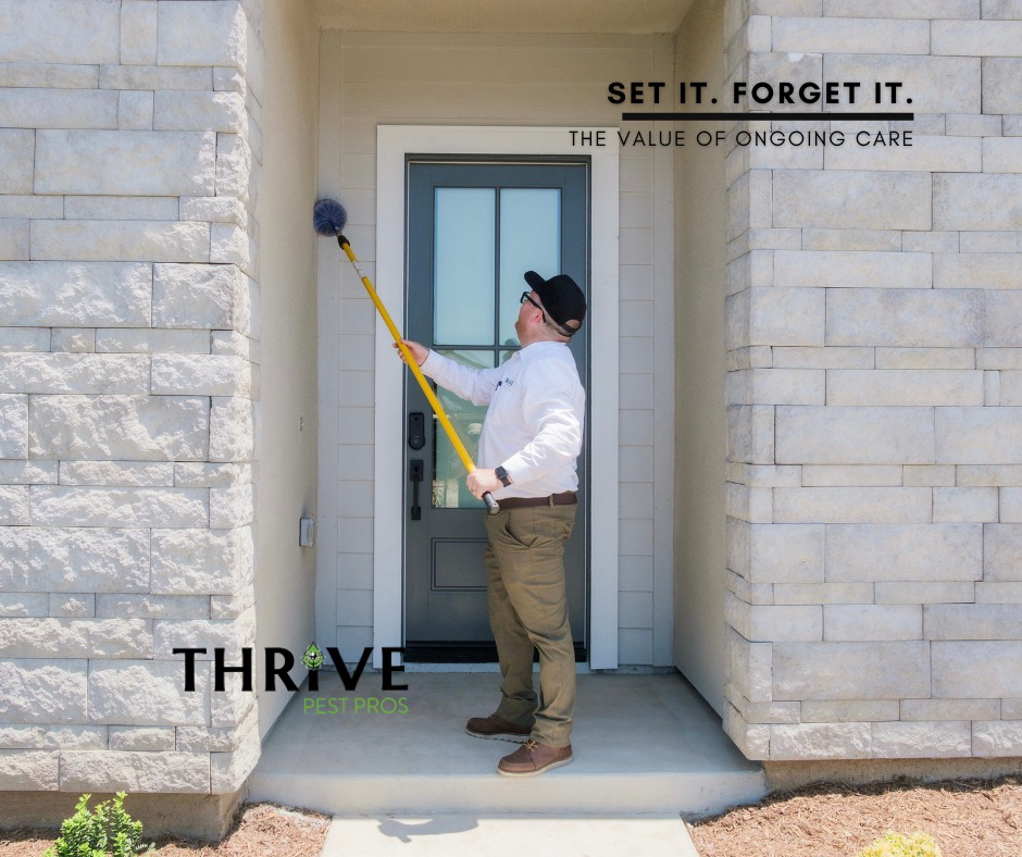 A Thrive Pest Pros technician removing cobwebs and nests from the exterior of a house in Clovis, CA.
