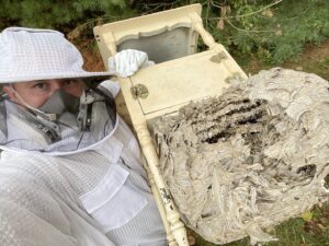 A Bye Bye Pest Solutions technician in a bee suit after removing a large wasp nest from furniture in Hanover, PA.
