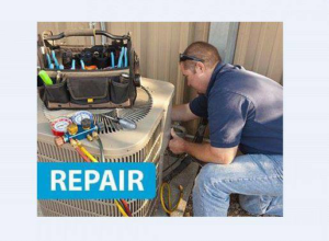 A technician repairing an outdoor AC unit with tools for A+ Air and Aeroseal in Scottsdale, AZ.