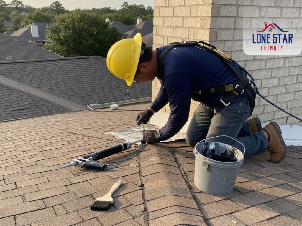 A Lone Star Chimney technician applying sealant to the chimney flashing on a roof in Houston, TX.