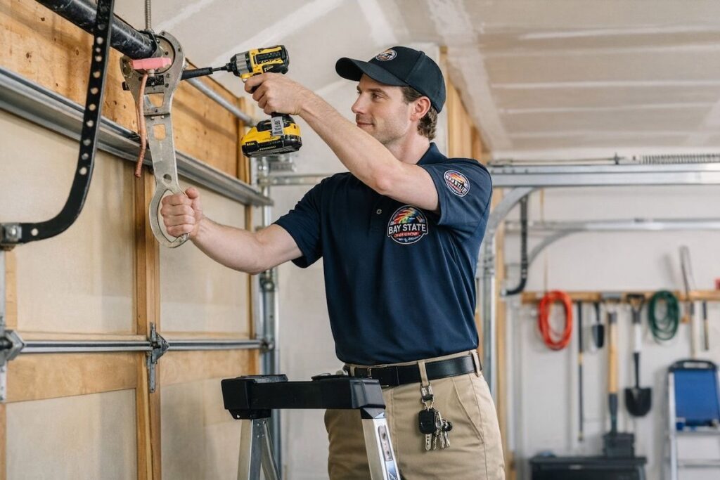 A Baystate Garage Door technician repairing a garage door spring mechanism with a drill in Milton, MA.