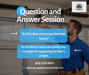 A technician repairing a garage door spring mechanism at a home in Centennial, CO, by Repair Garage Door Centennial- Garage Repair.