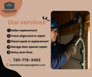 A professional technician repairing a garage door torsion spring system for Garage Door Westminster, Co in Westminster, CO.