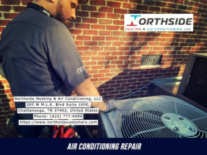 A technician repairing an outdoor air conditioning unit for Air Conditioning Repair Service in Chattanooga, TN