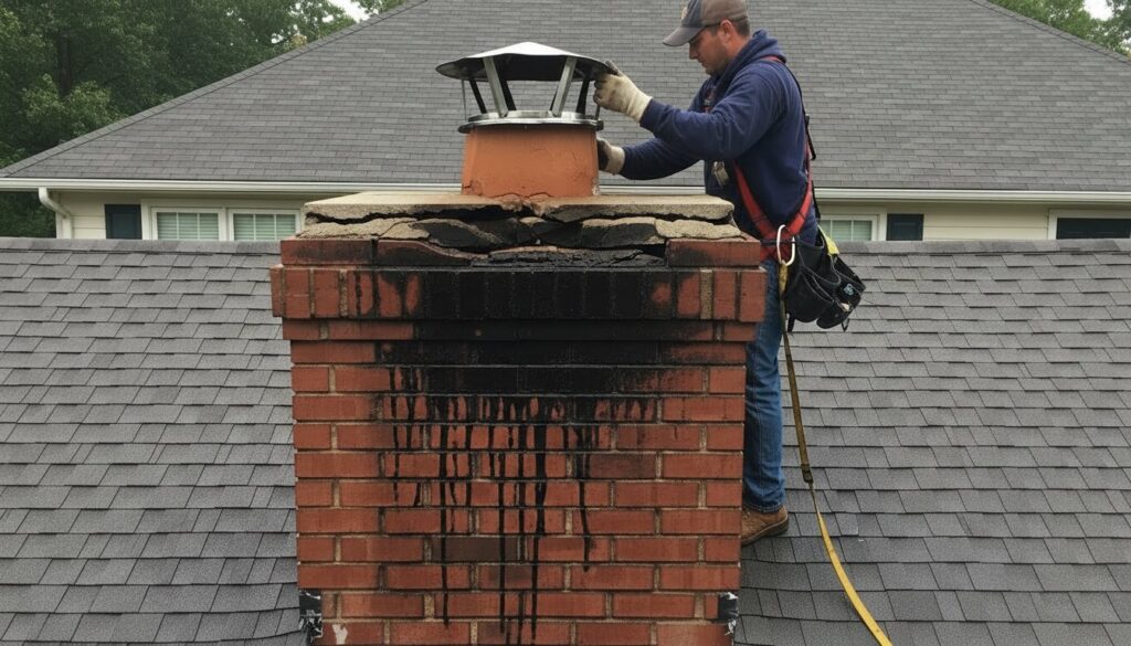 A Lone Star Chimney technician replacing a chimney cap on a damaged brick chimney in Houston, TX.