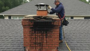 A Lone Star Chimney technician replacing a chimney cap on a damaged brick chimney in Houston, TX.
