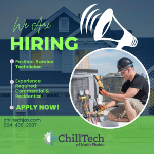 A technician servicing an outdoor AC unit for ChillTech of North Florida in Jacksonville, FL.