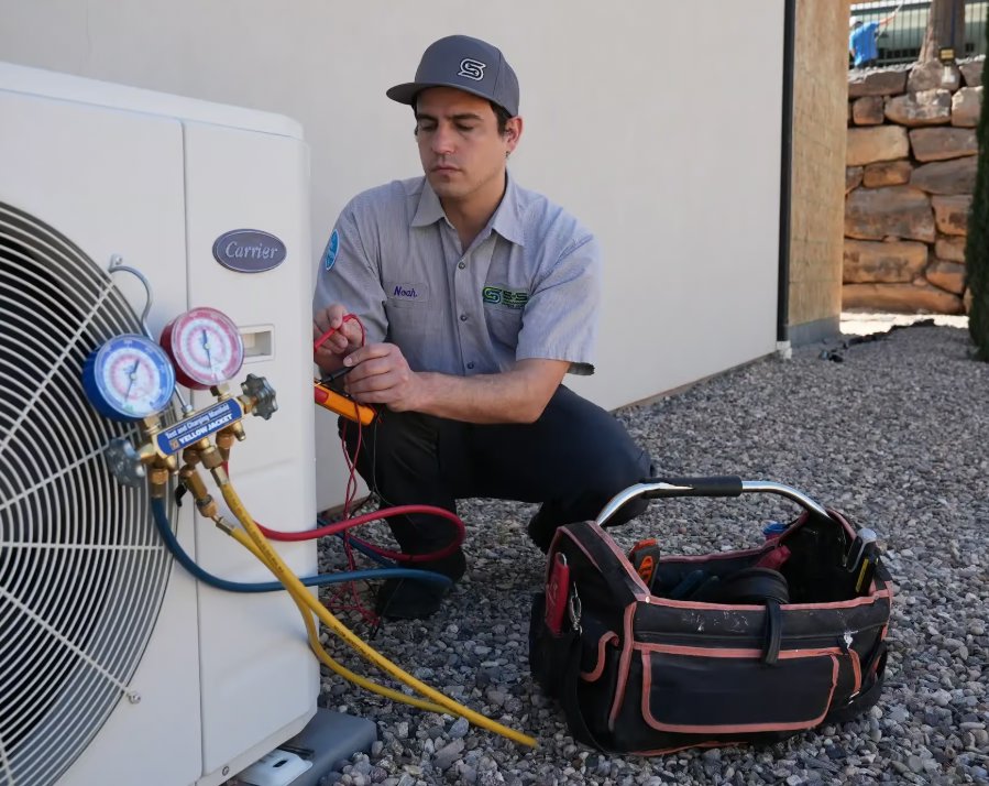 A technician using gauges and tools to service an outdoor air conditioning unit for S&S Mechanical in St. George, UT