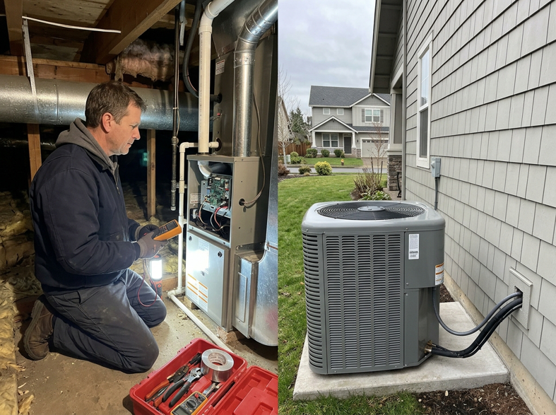 A technician servicing a furnace and an outdoor AC unit for S&A Heating And Cooling in Cornelius, OR.