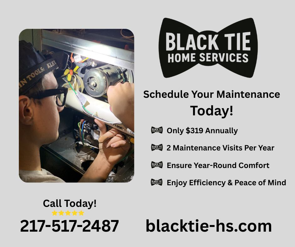 A technician servicing an indoor furnace unit for Black Tie Home Services in Springfield, IL