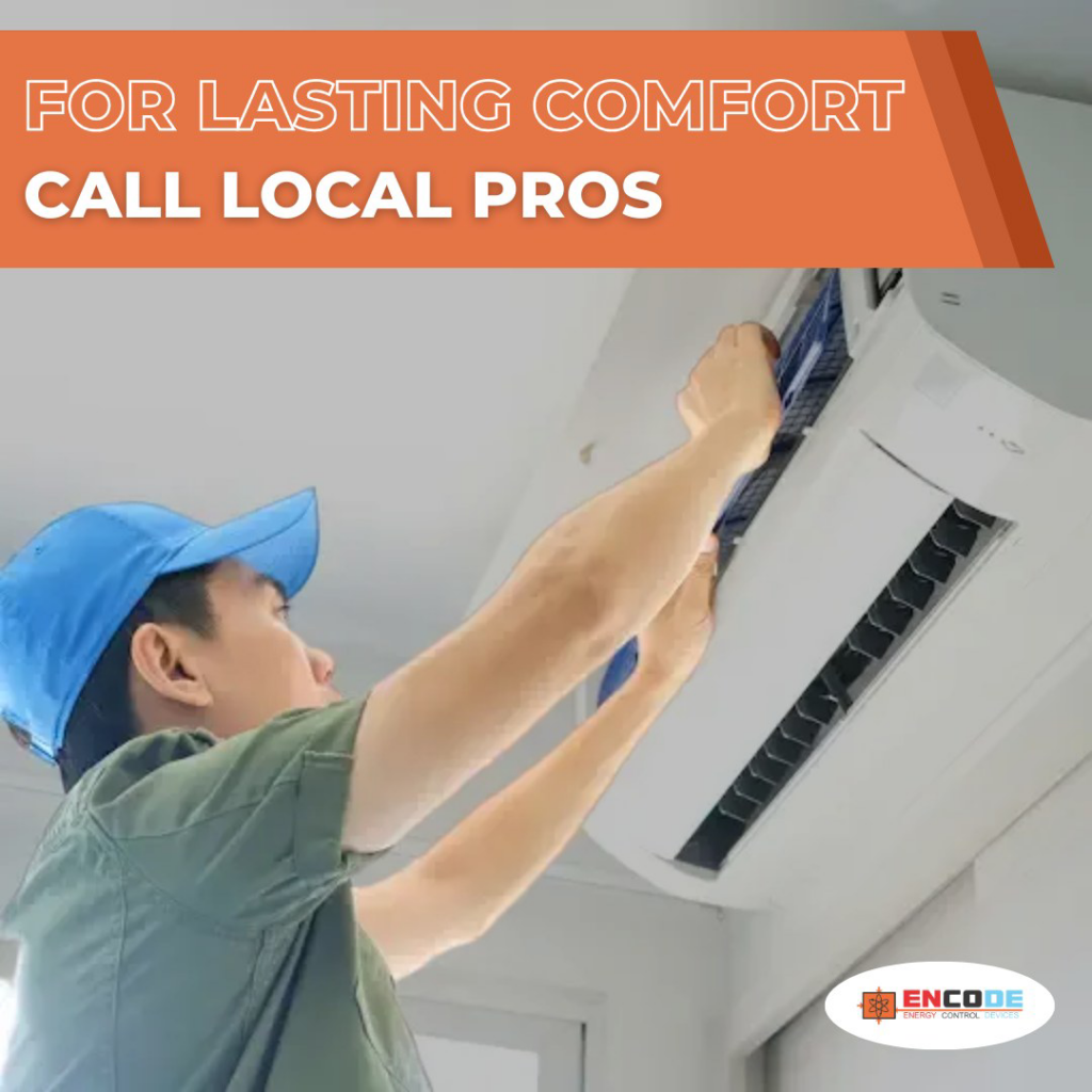 A technician servicing an indoor mini-split AC unit, provided by Encode Corporation in Billings, MT.