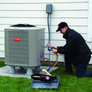 A technician servicing an outdoor air conditioning unit with gauges at a job site by Supreme Stands in Maple Grove, MN
