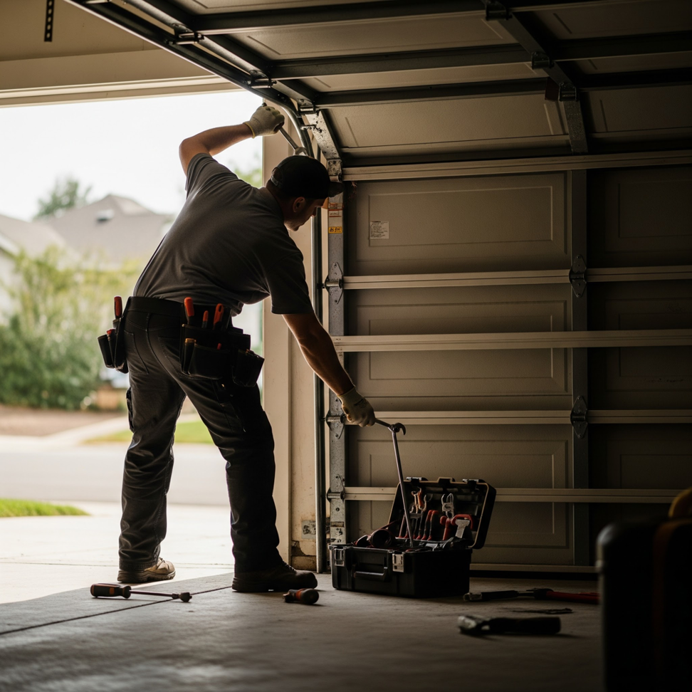 A skilled technician servicing a residential garage door with tools for Renner Garage Door of St Louis in Valley Park, MO.