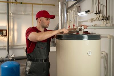 A technician servicing a water heater for Daniels HVAC Philadelphia LLC in Philadelphia, PA.