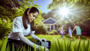 A pest control technician setting a trap or monitoring device in a residential lawn for Mosquito Eliminators in Hattiesburg, MS