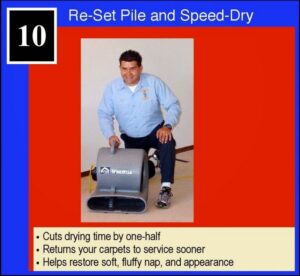 A technician using a speed dryer to re-set carpet pile and accelerate drying, a service by Hi-Tech Carpet Cleaning in Elk Grove, CA.