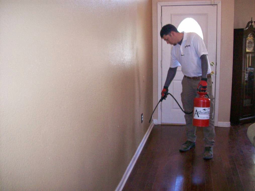 A pest control technician spraying along a baseboard inside a home for Advantage Pest & Weed Control in Rio Rancho, NM